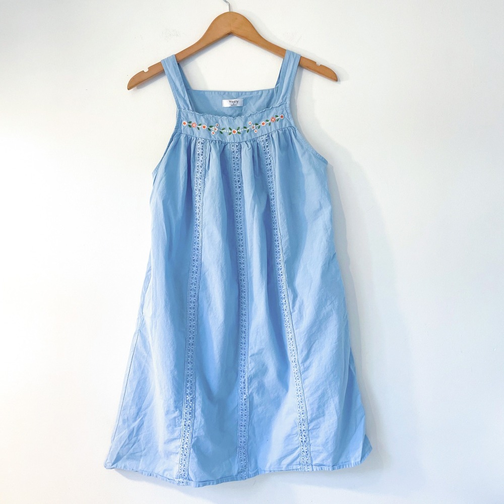 Yozly Blue Cotton Nightgown Floral Embroidered Lace Trim Sleeveless Dress Medium